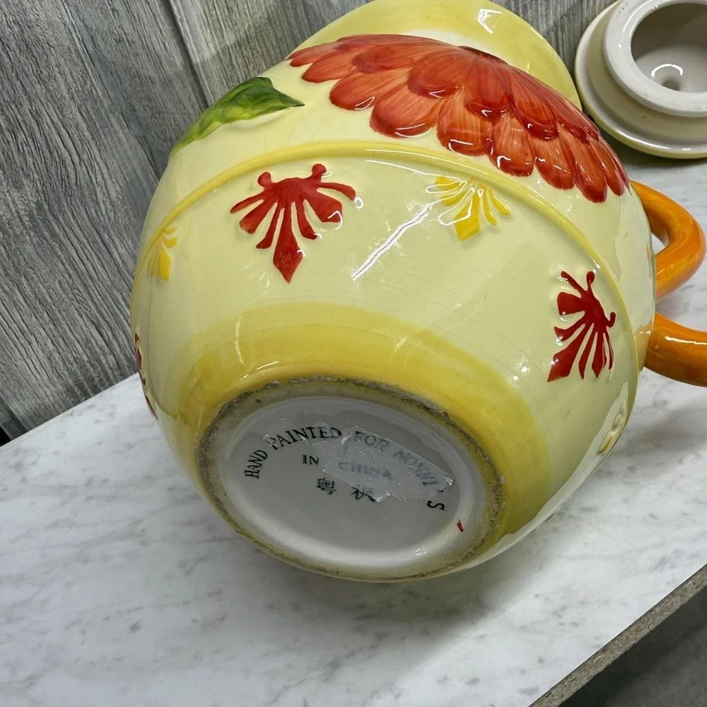 Hand Painted Ceramic Floral Pitcher with Lid Orange Flower Embossed Pottery
